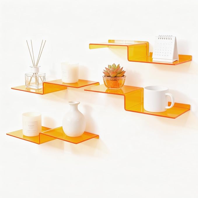 SetGame 2-Pack Acrylic Shelves Z-Shaped Display Stand Wall Mounted, 12 Inch Wall Storage Organizer for Toys, Books, Plants, Photos Album, Suit for Office, Living Room, Room Decor (Orange)