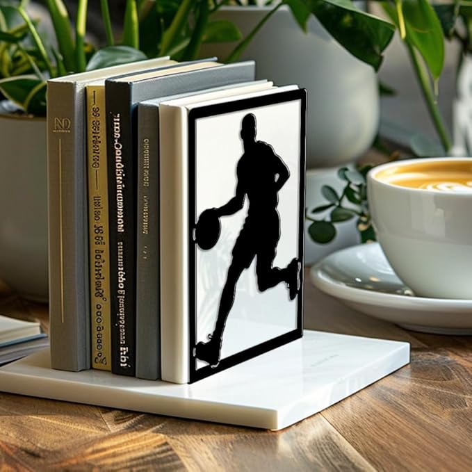 Peacoblue Metal Bookends for Shelves, Modern Decorative Heavy Duty Study Book Ends Stoppers for Office, Desk, Shelf, Room 5.3"x4.3"x7.9" Cast Iron Simple Tall Bookends 1 Pair (Basketball)