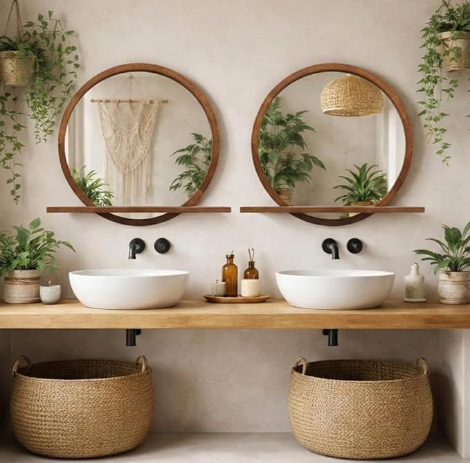Wall Mirror with Shelf – Wood Circle Mirror for Entryway, Bathroom & Living Room – Unique Elegance & Multifunctional Design – 24 Inch