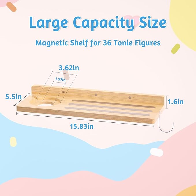 for Tonies Shelf Magnetic - Tonies Figure Organizer for Kids Room, Wooden Magnetic Display Shelf for Tonies Box Holder, Wall Floating Shelves Toy Storage Compatible Charging Station (1 Tier, Wood)