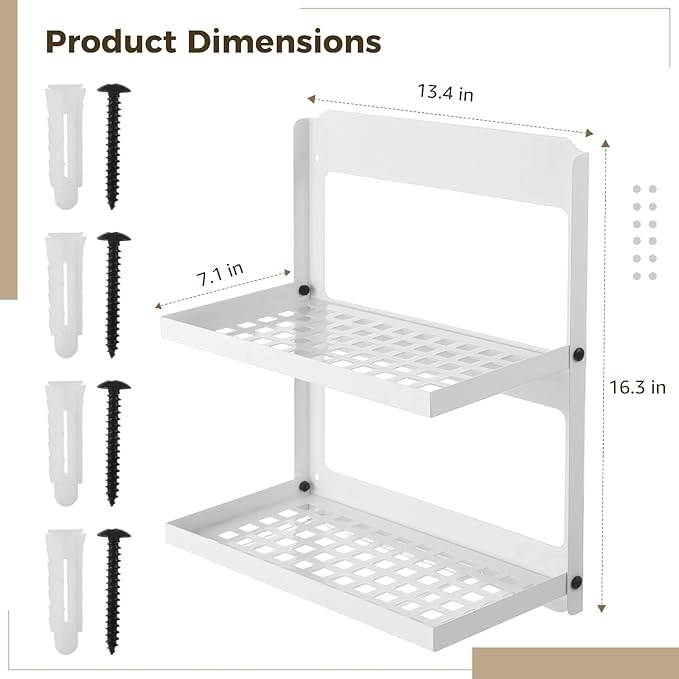 OMISTAR 2-Tier Folding Metal Wall Shelf, Foldable Wall-Mounted Rack, Space-Saving Double-Layer Shelf, Black Iron Floating Shelf for Kitchen, Bathroom, Laundry, Easy Installation with Screws (White)