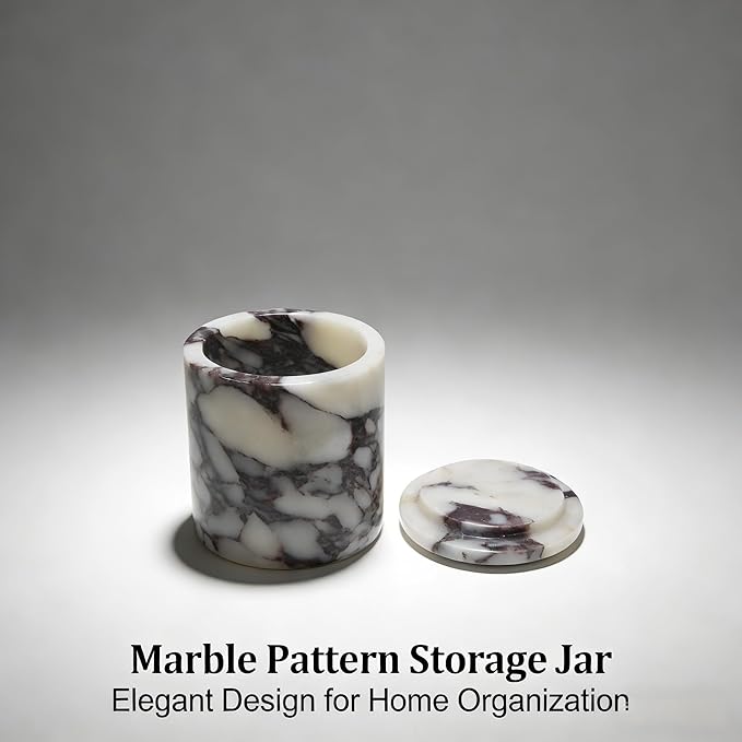 Luxury Marble Storage Box with Lid, White and Purple Veined Pattern, Decorative Organizer for Makeup Brushes, Jewelry, Bathroom Accessories (Round)