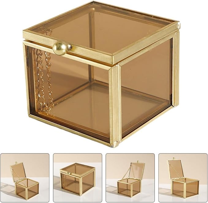 Luxshiny Vintage Square Glass Jewelry Box with Lid, Cosmetic Organizer and Trinket Storage Case for Women, Home Display Container for Rings, Necklaces, and Makeup Essentials
