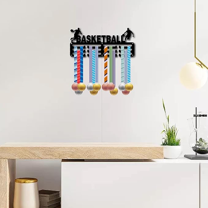 CREATCABIN Basketball Medal Holder Medal Hanger Display Rack Sports Metal Hanging Awards Iron Small Mount Decor Awards for Wall Home Badge Race Running Gymnastics Swimming Medalist Black 11.4x5.1 Inch
