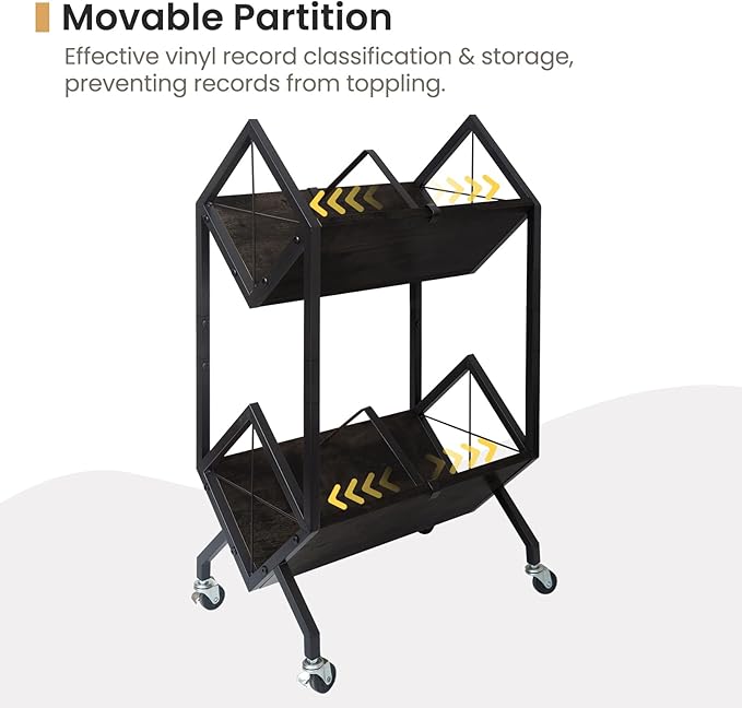 SwaaVee Vinyl Record Storage Holder with Wheels, 2-Tier Record Holder 160-200 LP with Dividers, Retro Style Quick Assembly Vinyl Record Display for Albums, Magazine, Book, Files (2 Tier- Black)