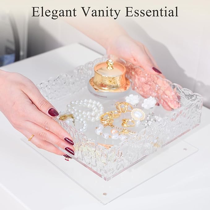 8"x8" Scalloped Acrylic Tray with Magnetic Mat - All-in-One Organizer for Jewelry, Makeup, Desk & Vanity, 2-in-1 as Tray & Photo Stand, for Women, Mom, Bride
