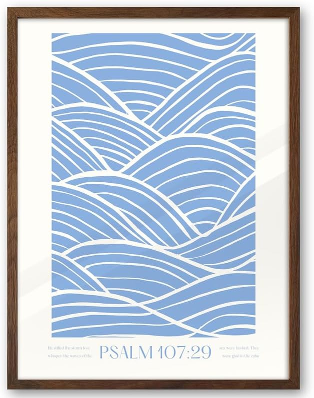 EcoHest Modern Christian Ocean Waves Framed Wall Art, 12x16 in Walnut Color OAK Wood Christian Psalm 107:29 Canvas Wall Art, Beige Logs Storm Home Decor Set of 1 for Bedroom Living Room