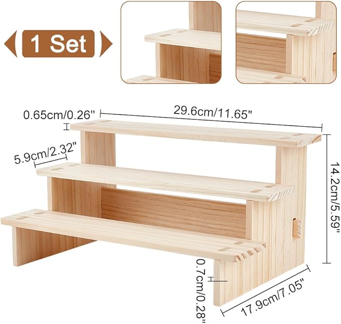 NBEADS 3-Tier Wooden Display Riser Shelf, 7.05x11.65x5.59 Inch Antique White Tabletop Small Food Stand Risers Display Makeup Step Perfume Organizer for Fragrance Cosmetics Figure Collection