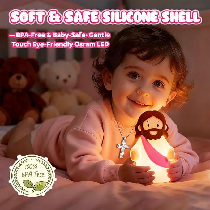 Jesus Night Light Rechargeable Bedside Night Light Dimmable Silicone LED Light Ideal for Religious Gatherings, Gifts for Sunday School, Baptism Presents, Easter Egg Decorations (Pink)