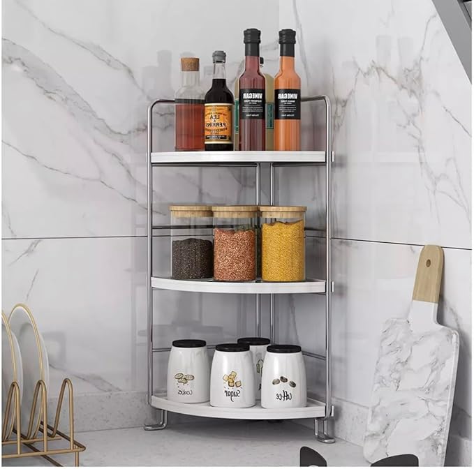 Generic 3-Tier Corner Storage Shelf Bathroom Countertop Organizer Stackable Makeup Storage., Small, White and Silver