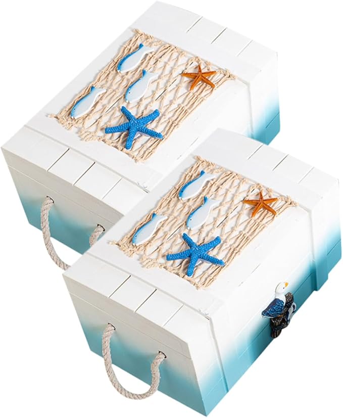 Alipis 2pcs Nautical Beach Jewelry Storage Boxes Wooden Keepsake Trunks Mediterranean Style Makeup Organizer Decorative Desktop Props for Home and Photography
