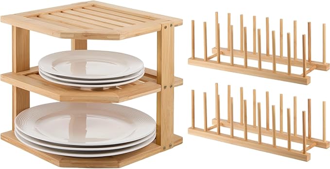Marsui 3 Pcs Plate Storage Rack, 1 PC Bamboo 3-Tier Corner Shelf Organizer, 2 Pcs Dish Racks Plate Stand Holder, Kitchen Storage Cabinet Organizer, Hold Dishes, Cups, Plates