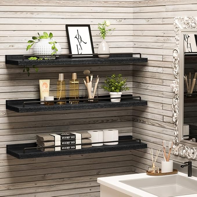 RYOFOBETTO 22 inches Long Floating Shelves, Bathroom Decor Shelves Over Toilet, Farmhouse Wall Shelves for Living Room, Bedroom, Picture Frames, Plants, Kitchen, Set of 3 (Black)