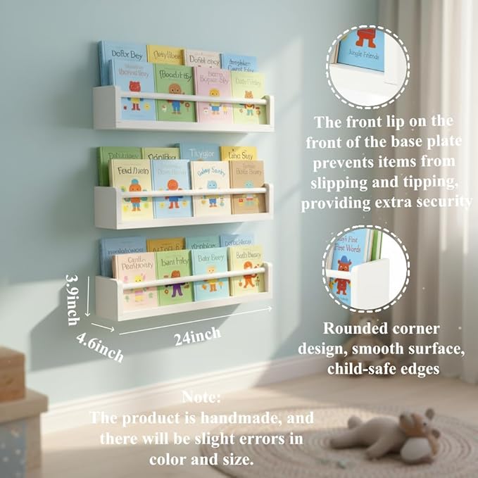 Set of 3 Kids Floating Bookshelves White – 24 Inch Wall Mounted Nursery Book Shelves with Safety Rail – Ideal Storage & Display Shelf for Nursery, Bedroom, and Playroom