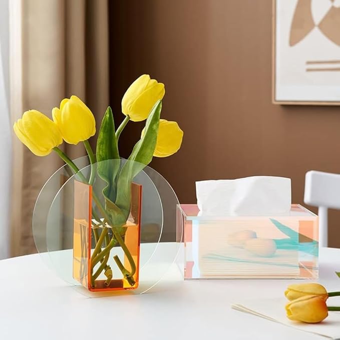 Acrylic Flower Vase Make-up Brush/Pen Holder Elegant Modern Contemporary Design Vase for Home Office Wedding Decor (Orange, Circle)