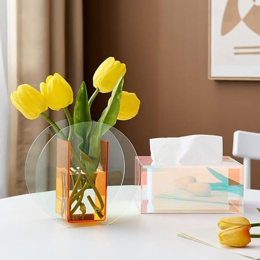 Acrylic Flower Vase Make-up Brush/Pen Holder Elegant Modern Contemporary Design Vase for Home Office Wedding Decor (Orange, Circle)