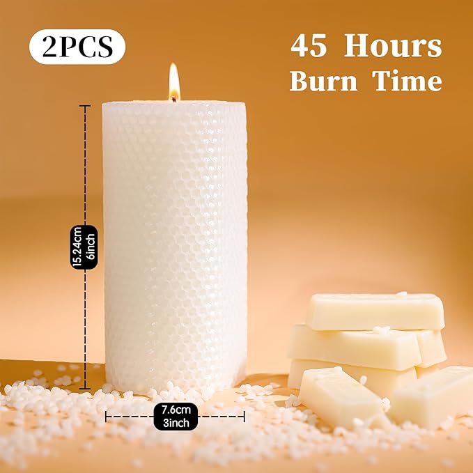 3x6 Inch White Beeswax Candles, 2 Packs, Handcrafted Rolled White Beeswax Pillar Candles, Natural Pure Bees Wax Candle Farm Gifts for Home Decor, Candle Lovers, Air Purify