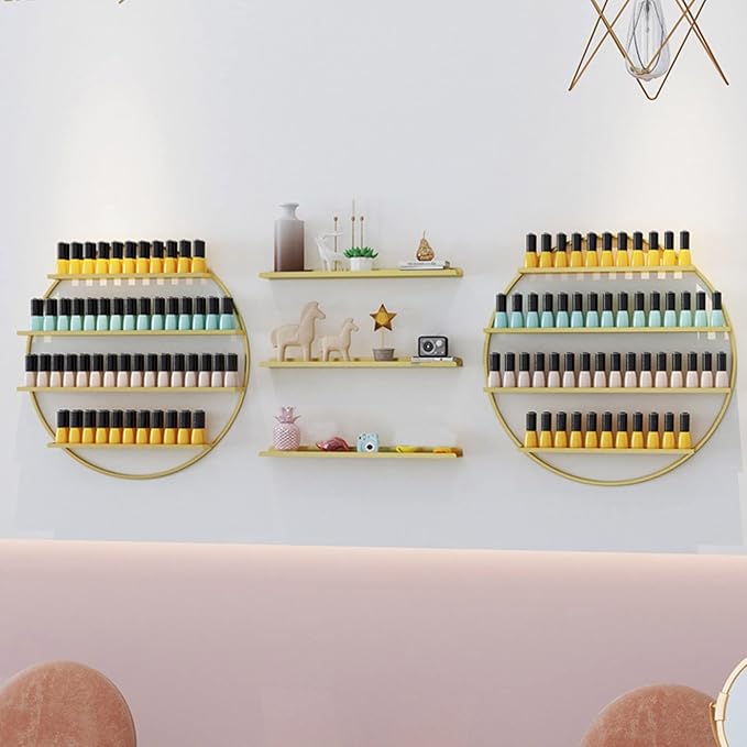 Metal Wall-mounted Nail Polish Storage Racks Wall-Mounted Nail Polish Display Rack Round Shelf Organizer Storage Holder Metal Floating Shelf Display Case Shelf,for Essential Oils, Perfume,Makeup Bottl