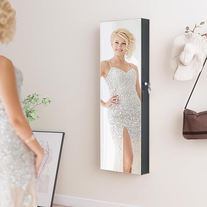 LED Jewelry Cabinet Armoire Organizer,Wall/Door Mount Jewelry Organizer and Storage with Full-Length Mirror Hanging Jewelry Organizer Full Length Mirror with Storage Large Capacity Black
