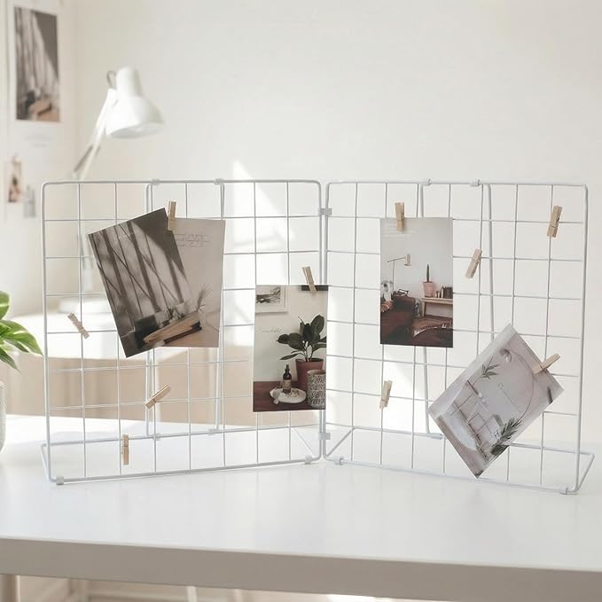 Foldable Double-sided Desktop Photo Display Rack & Grid Display Board With 20 Wooden Clips – Photo & Accessory Organizer For Home Office White
