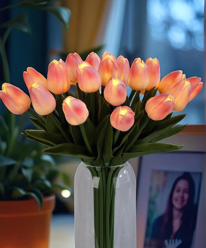 HOMESEASONS 20pcs Tulip Bouquet Lamp Artificial Flower Night Light Real Touch Tulip Night Lamp LED Flower Light Home Kitchen Decor(Pink)
