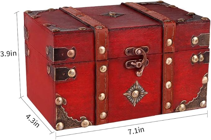 SICOHOME Treasure Chest, 7.1" Vintage Wooden Decorative Box with Pirate Trinkets for Jewelry, Tarot Cards, Gifts and Home Decoration Christmas Ornament Storage