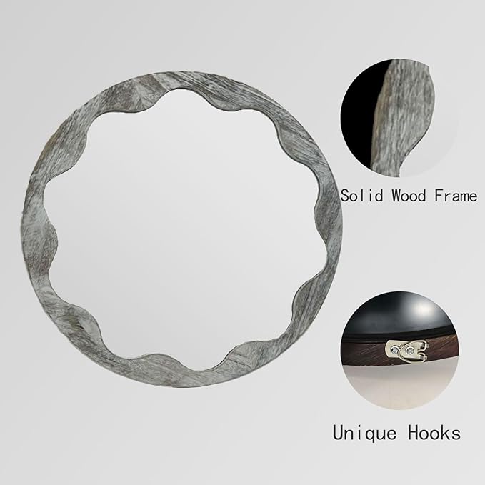 Round Wood Mirror 24 Inch,Circle Mirror with Wood Frame for Wall,Rustic Natural Wooden Frame Decorative Round Boho Wall Mirror for Bathroom Bedroom Living Room