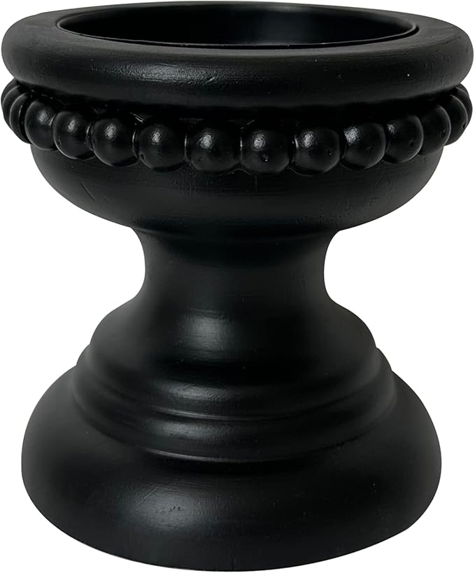 dwellington Farmhouse Rustic Wood Pillar Candle Holder, Decorative Beaded Candlestick Holder Stand for Home Décor, Gifts, Wedding (Black)