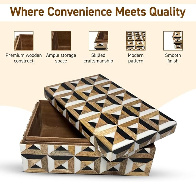 Perilla Home Home Decor Decorative Storage Wooden Box Small Era Organizer Tool Stash Card Craft Trinket Memory Keepsake Jewelry Box for Men and Women, Gifts For All, Brown, Black and Off White