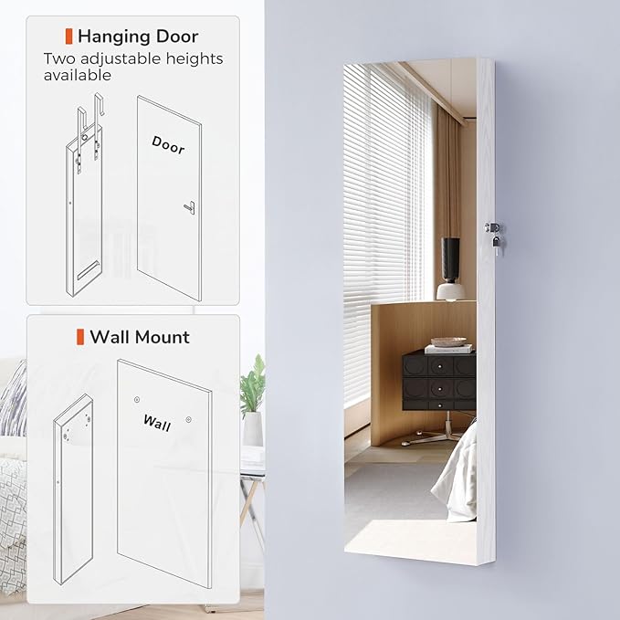 GISSAR Full Length Mirror Jewelry Cabinet, 6 LEDs Jewelry Armoire Wall Mounted Over The Door Hanging, Jewelry Organizer Storage with Lights Lockable White