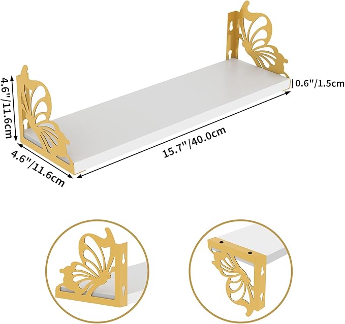 Hoikwo 3 Pack Butterfly Wall Shelves, White Gold Floating Book Shelves, for Mother, Mom, Women, Girls, for Preppy Room Decor, Living Room, Bedroom Decor Aesthetic