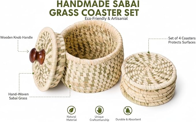 Handwoven Sabai Grass Coaster Set with Holder – Set of 6 Natural Eco-Friendly Drink Coasters, Absorbent Table Protectors with Storage Basket & Lid – Rustic Home Décor