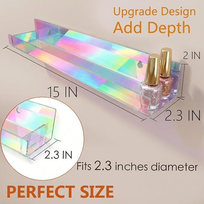4 Pack 15 Inch Iridescent Acrylic Shelves, Clear Rainbow Floating Shelves for Wall, Modern Sunglasses Essential Oil Picture Ledge Display Toy Storage Wall Shelf