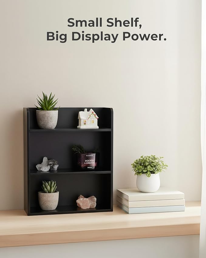 3-Tier Trinket Shelf, Small Display Shelf for Desk or Wall, Wooden Knick-Knack Shelves for Collectibles, Perfume & Crystal Storage, Black