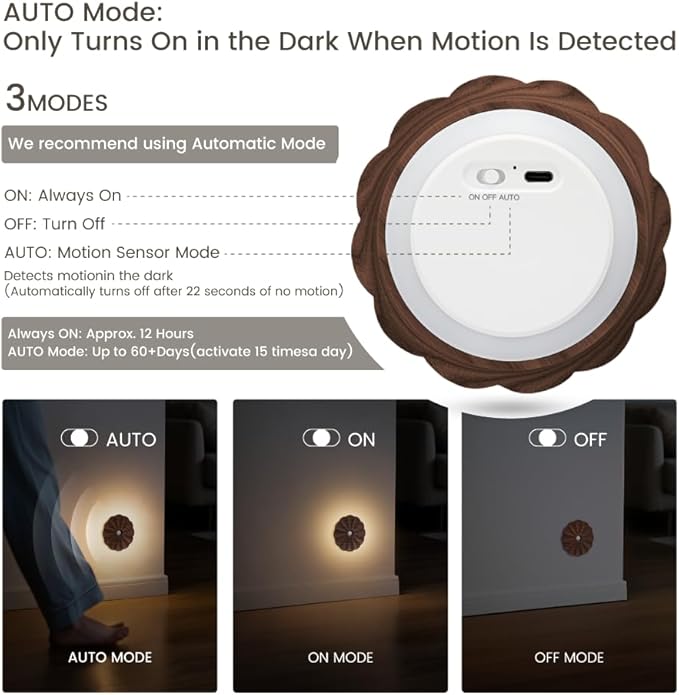 Motion Sensor Night Light Wooden Carved Flower Mini USB Rechargeable Stick-On Step Lights Magnetic Wall Lights for Hallway Bedroom Living Room Stair (2 Pack Black Walnut)