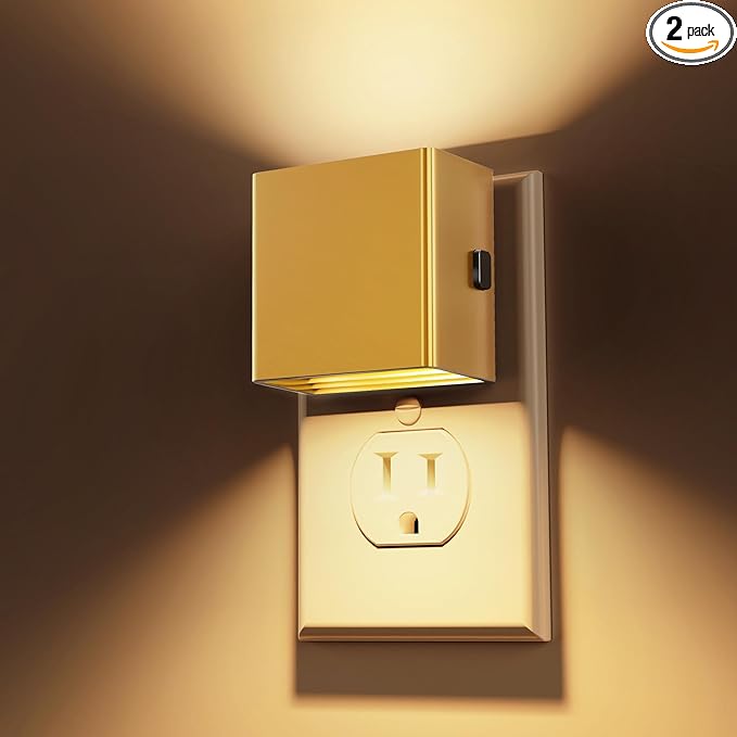 L LOHAS LED Night Light,Night Lights Plug into Wall,[2-Pack] Dimmable Night Light with Light Sensor,3000K Warm White,Gold Nightlight for Bathroom Hallway Kitchen