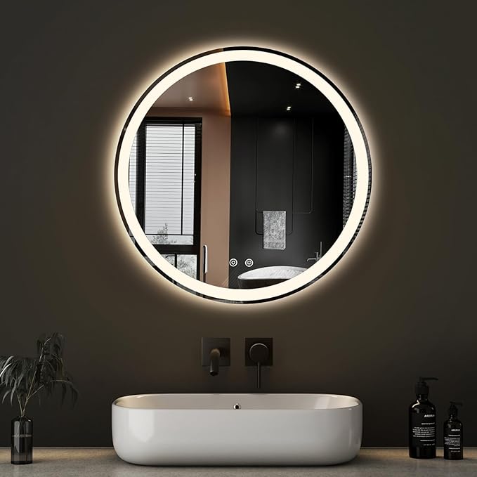 Sweetcrispy 24-Inch Round LED Bathroom Backlit Mirror with Lights, Circle Vanity Mirror with Anti-Fog, Dimmable, 3-Color Light, Memory Function, Tempered Glass