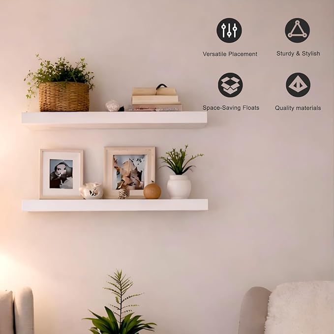 Floating Shelves for Wall, 24" Wall Mounted Shelves, Modern Decor & Storage for Bathroom, Bedroom, Kitchen, Living Room, with Invisible Brackets, Set of 2, White