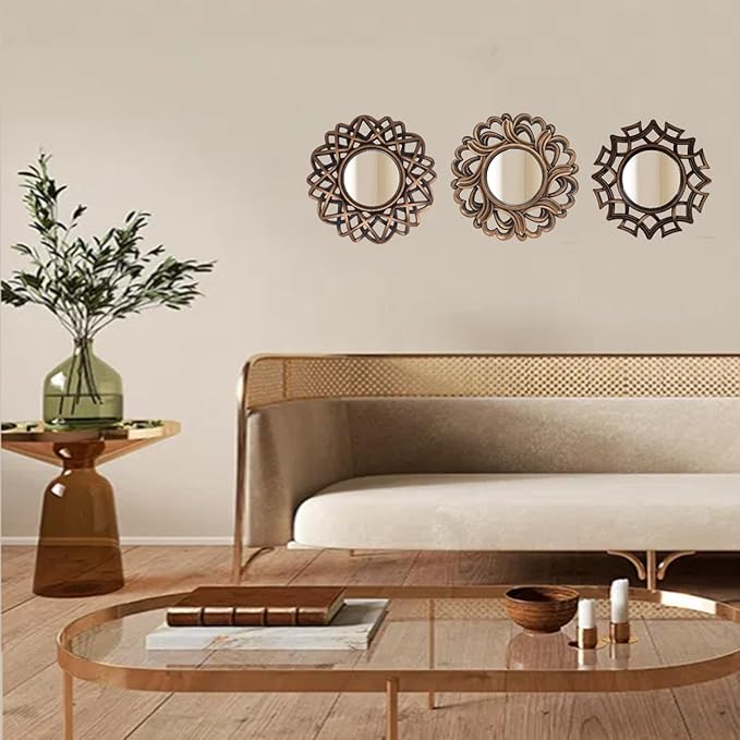 Retro Gold Mirrors for Wall Pack of 3. Geometric Lines Round Mirrors. More Contemporary Sense. Decorative Mirrors.Wall Mirrors for Decor Home Decor.Plastic Frames.Glass Mirrors.Make Old Gold Color.