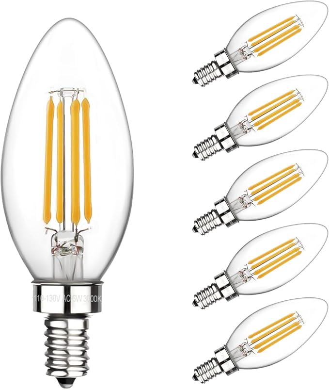 Boncoo E12 Candelabra Bulbs 60 Watt, Chandelier Light Bulbs LED Candle Bulb 3000K Soft White, B11 LED Bulb Dimmable 6W 500 Lumens Filament Decorative Small Base Clear Glass, 6 Pack