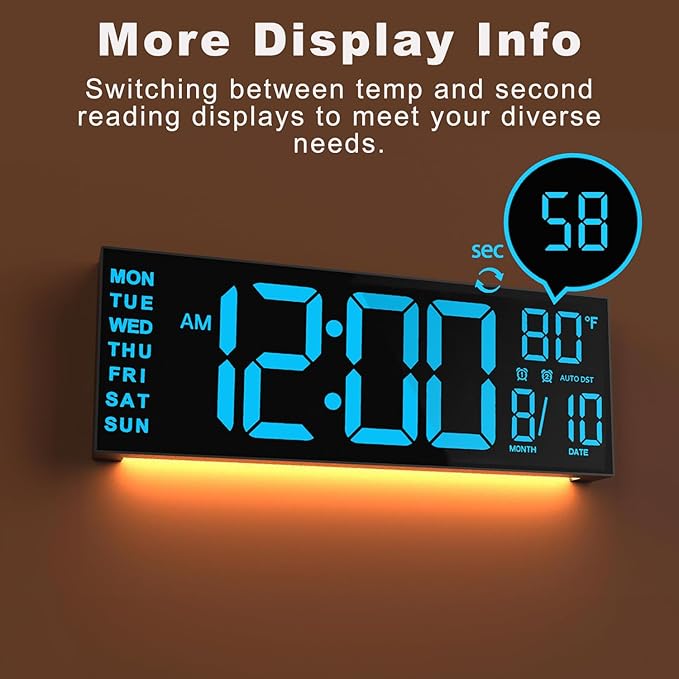 JALL 13" Large Digital Wall Mount Clock, Count Down Timer, Alarm, Big LED, DST, Temperature for Living Room Classroom Desk, Xmas, Birthday Gift for Senior Mom Dad, RGB