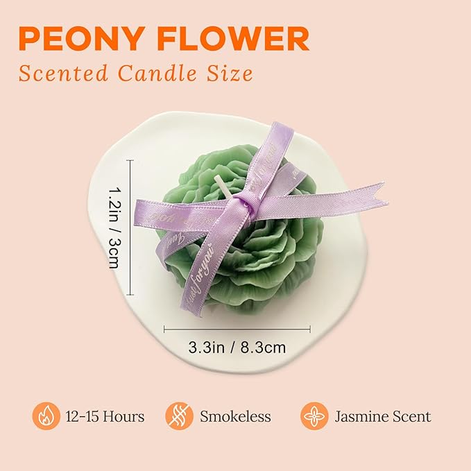 Turquoise Green Peony Flower Shape Candles for Women Friends Colleague Classmates Gift, 3 Inch Pastel Aesthetic Jasmine Scented Candle