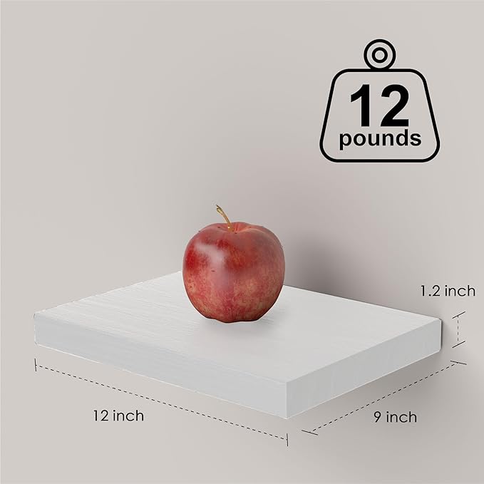 PopiShelves Small Floating Shelves for Wall - 12 x 9 Inch White Shelves for Bedroom, Living Room, Bathroom, Kitchen, Office Decor Set of 3