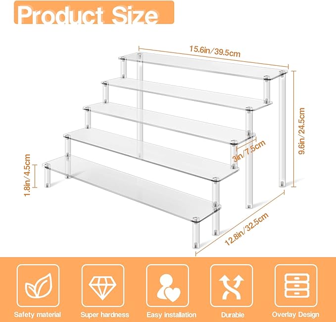 Acrylic Risers Display Stand for Action Figures, 5 Tier Clear Display Collectibles Dessert Holder, Durable Showcase Display Shelf for Toys Jewels Figurines Cosmetics Decoration and Organizer