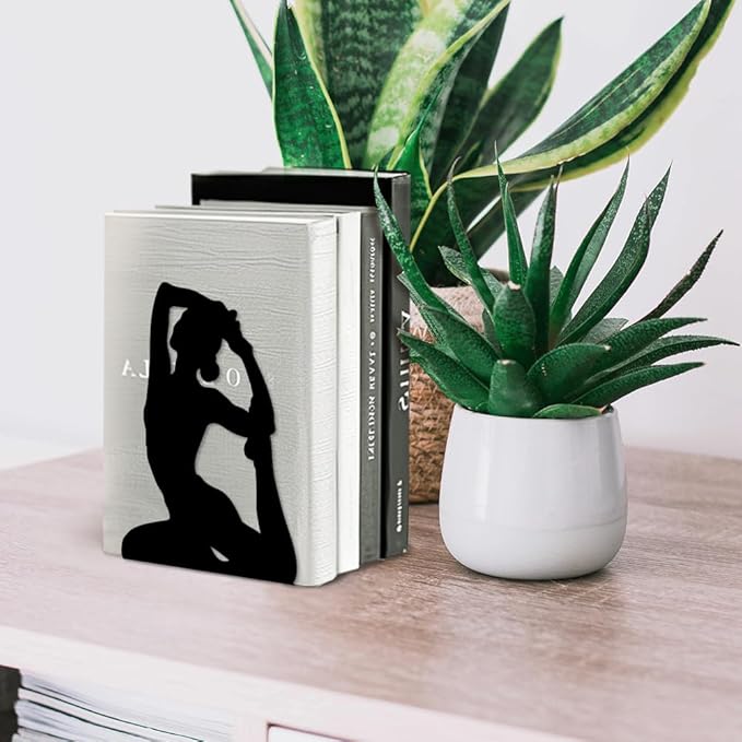 Peacoblue Metal Bookends for Shelves, Modern Decorative Heavy Duty Study Book Support Stoppers for Office, Desk, Shelf, Room 5.3"x4.3"x6.7" Cast Iron Simple Bookends for Cookbooks, 1 Pair (Yoga)