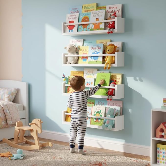 Set of 3 Kids Floating Bookshelves White – 24 Inch Wall Mounted Nursery Book Shelves with Safety Rail – Ideal Storage & Display Shelf for Nursery, Bedroom, and Playroom