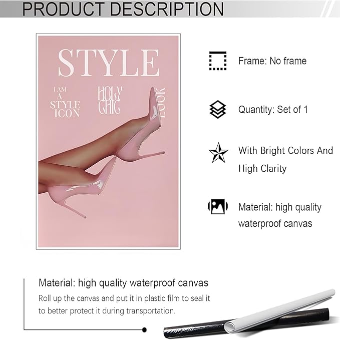 Trendy Pink Heels Poster High Heel News Headline Canvas Wall Art I Am A Style Icon Magazine Cover Aesthetic Prints Painting For Living Room Bedroom Apartment Wall Decor 12x16in Unframed