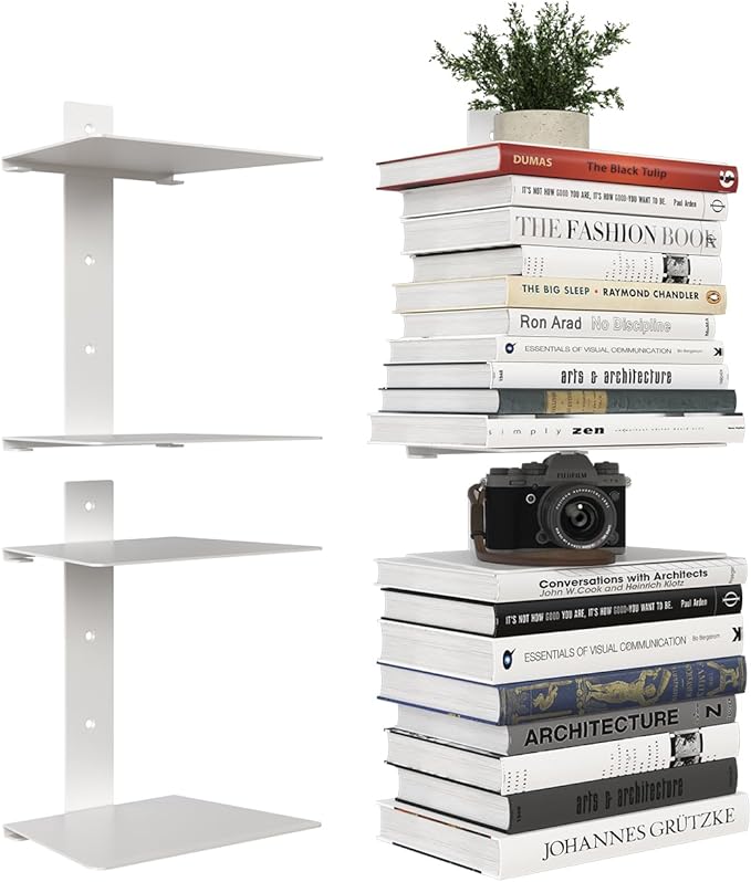 Wawocs Invisible Bookshelf for Wall, 4 Tier Floating Bookshelf Made of Heavy Duty Metal, Vertical Spine Book Tower Hanging Wall Bookshelf, Floating Book Shelves for Wall, 2 Pack White