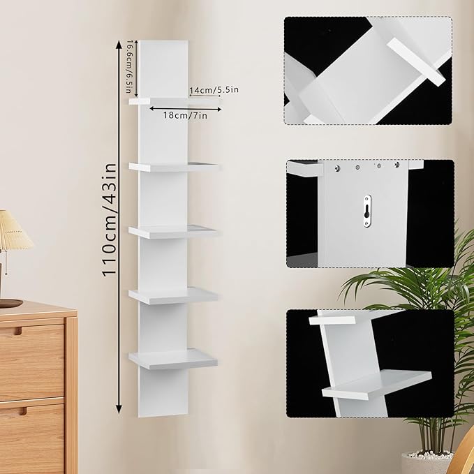 Extended 5 Tier Wall Shelf Unit - 43.3" Length Lack Display Floating Shelf, Narrow Smooth Laminate Finish - Vertical Wall Decor Mount Floating Storage Home Decor Tall Tower Utility Shelf(White)