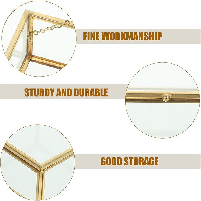 INOOMP Jewelry Container Glass Case with Lid Gold Alloy Frame Glass Perfume and Cosmetic Organizer Dustproof Jewelry Storage Box for Home Desktop